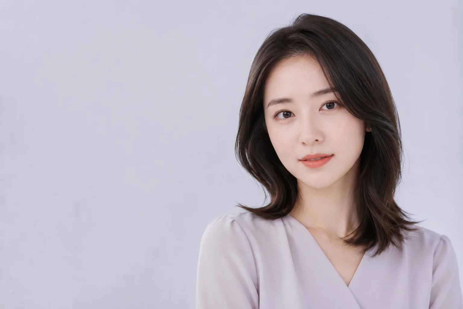 allmyview portrait with loose shoulder-length hair, natural makeup and soft silver-lilac light